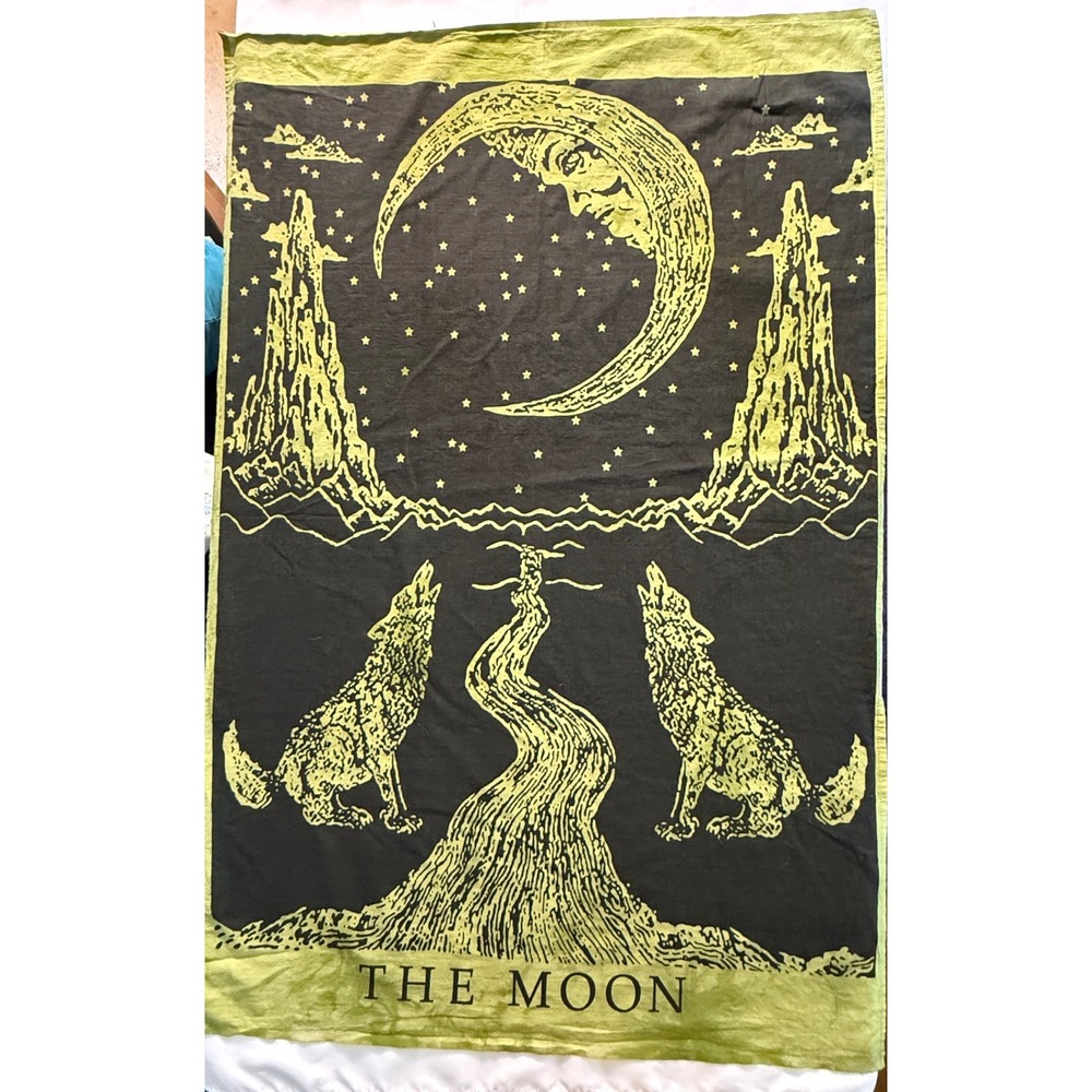 The Moon Tarot Card Tapestry Wall Hanging Black Green Celestial Decor